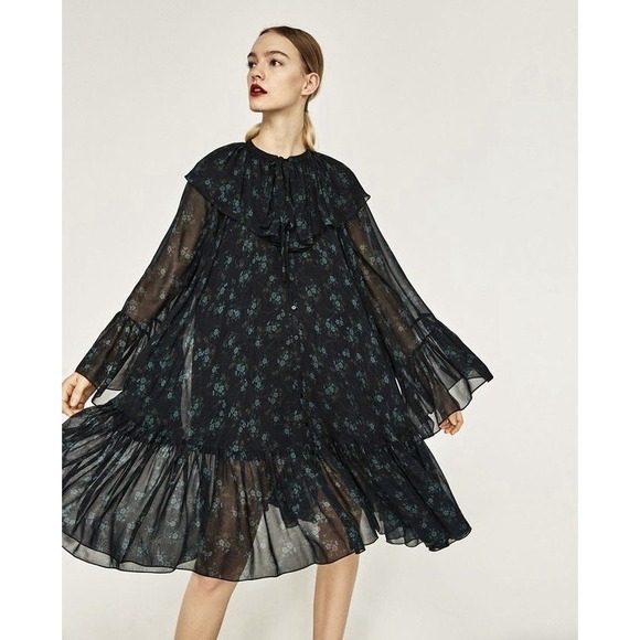 Zara Dresses & Skirts - Zara Disco Forest Floral Ruffle Knee Length Dress Sz M